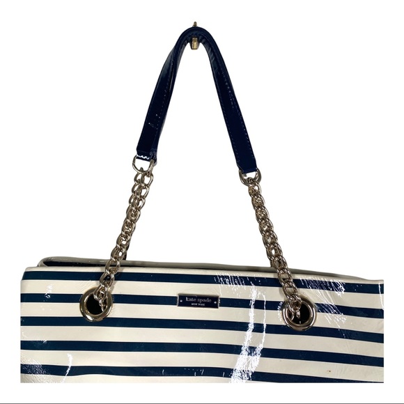 Kate Spade Montrose Elena White and Navy Stripe Patent Leather Chain Purse - Picture 4 of 13
